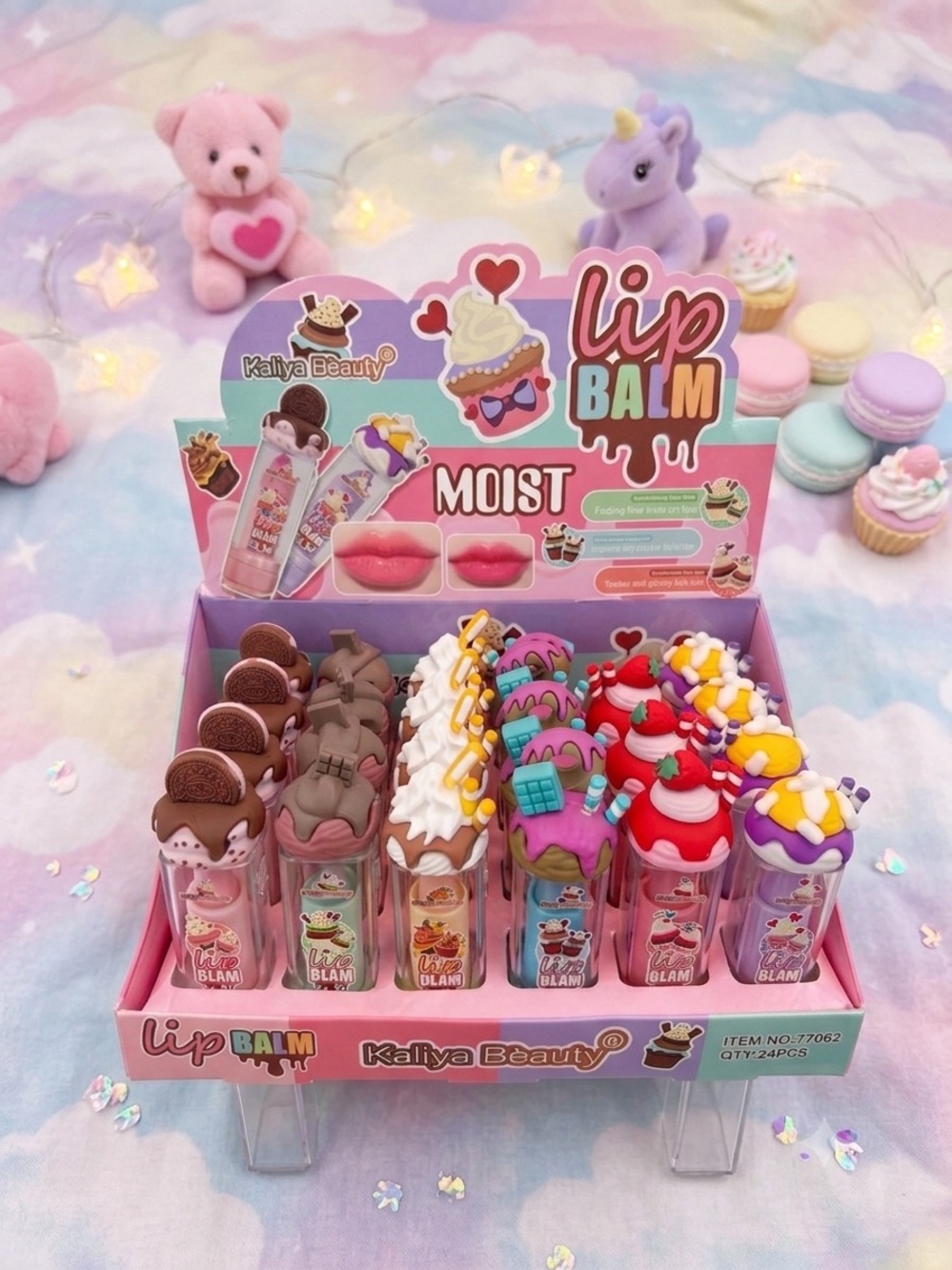 6 Moist Lip Balm - Assorted Pink & Purple Cute Dessert Caps